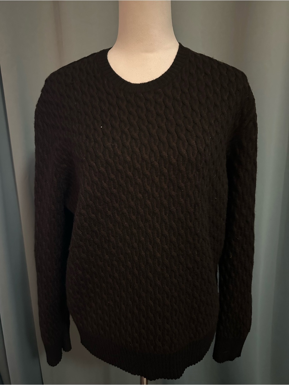 Mens 100% Merino Wool Cable Knit Sweater Black Crewneck Pullover Size Large L
